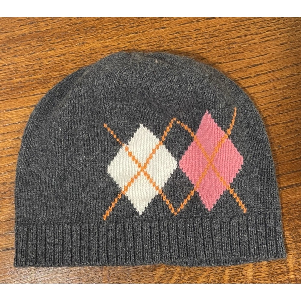 Tommy Hilfiger Women's Gray Pink Argyle Knit Beanie Hat Wool, Cotton, Angora